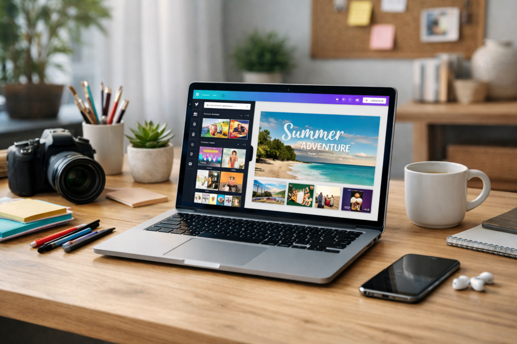 canva vale a pena em ambiente criativo com notebook e editor visual aberto