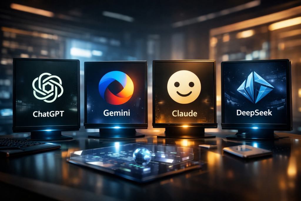 chatgpt vs gemini vs claude vs deepseek em composição premium de comparação entre assistentes de ia