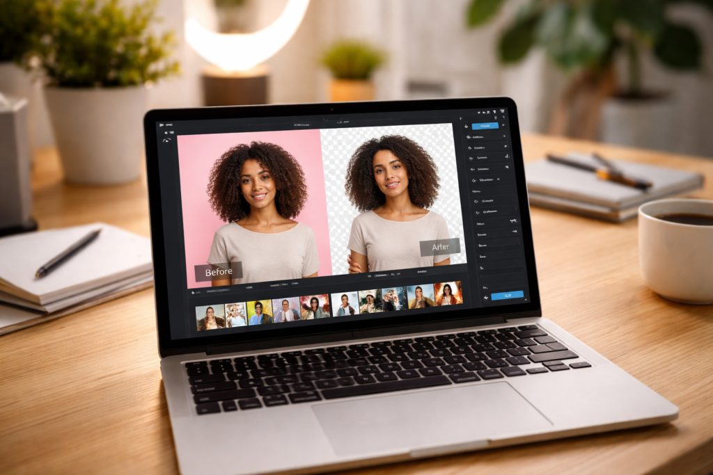 ferramentas para remover fundo de imagem em notebook com edição visual aberta