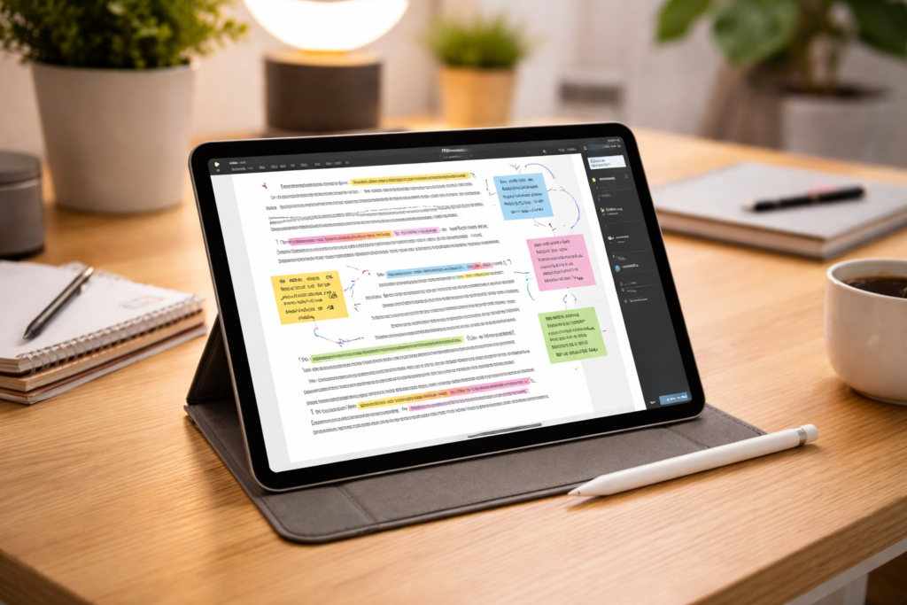 melhores apps para leitura e anotação de pdf em mesa de estudo organizada