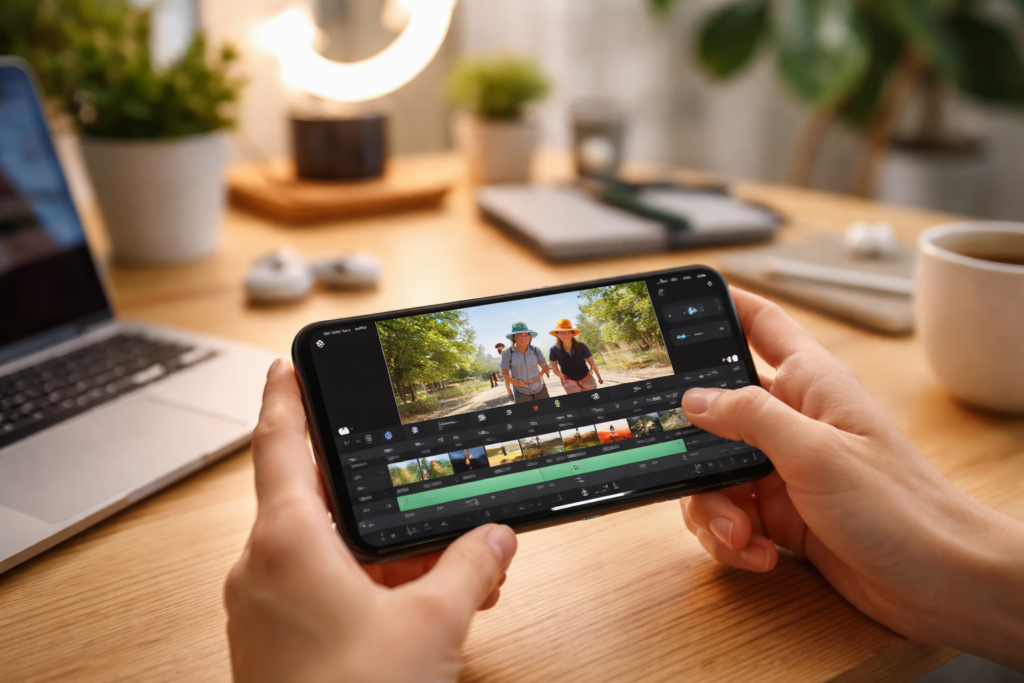 melhores editores de vídeo no celular em ambiente criativo com smartphone e edição aberta
