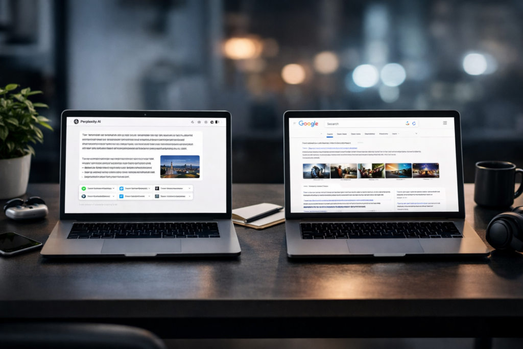 perplexity ou google em comparação visual de ferramentas de pesquisa com ia