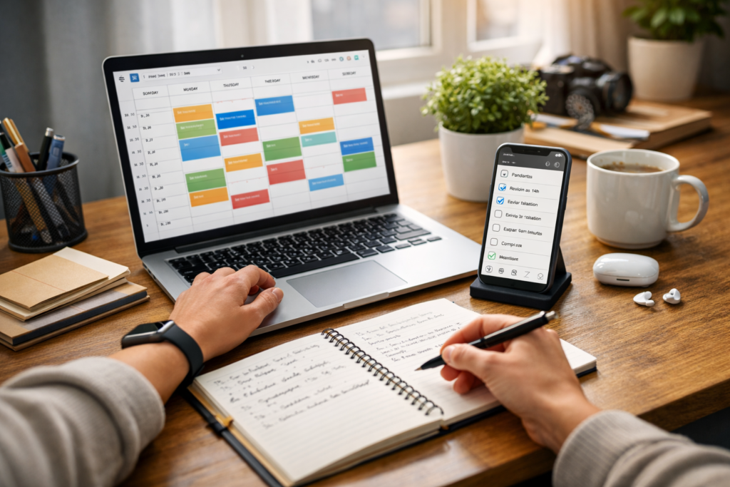 produtividade digital para a vida real com notebook, celular e organização de tarefas