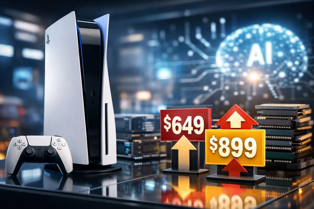 ps5 vai ficar mais caro em composição moderna com console e elementos de tecnologia