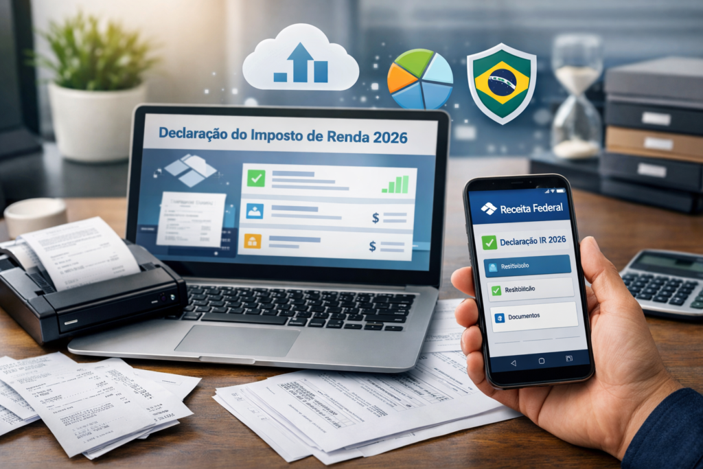 tecnologia no imposto de renda 2026 com declaração online em notebook e celular