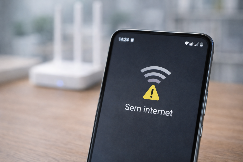 wifi conecta mas fica sem internet no android em celular sobre mesa organizada